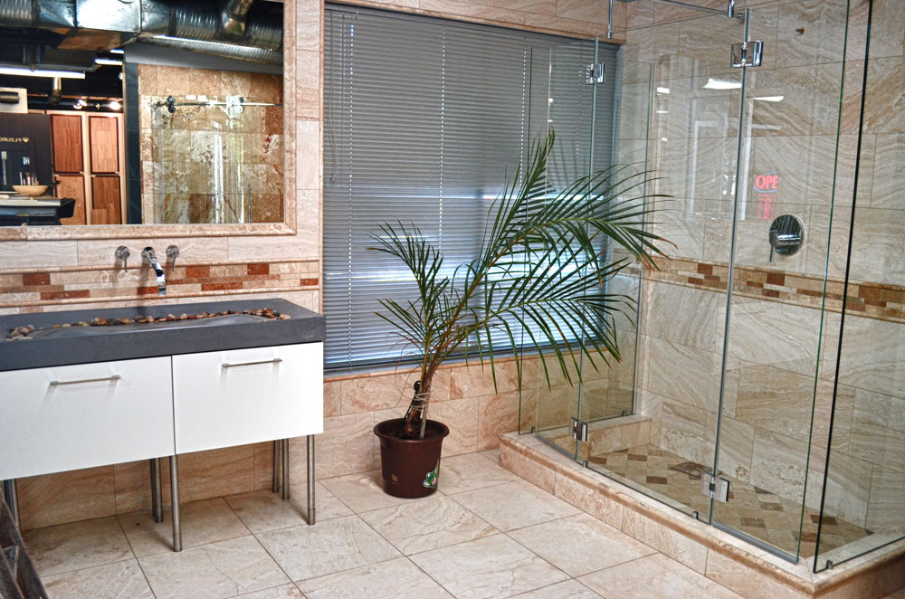 A shower installed in the Tile + Stone Source International Showroom