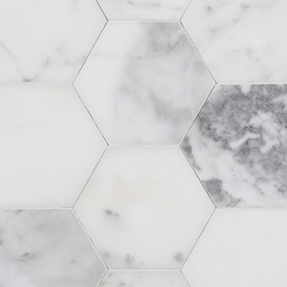 Jeffrey Court 6x6 Hexagon Field Tile Calacatta Gold Stone Jeffrey Court 6x6 Hexagon Field Tile Calacatta Gold Installed