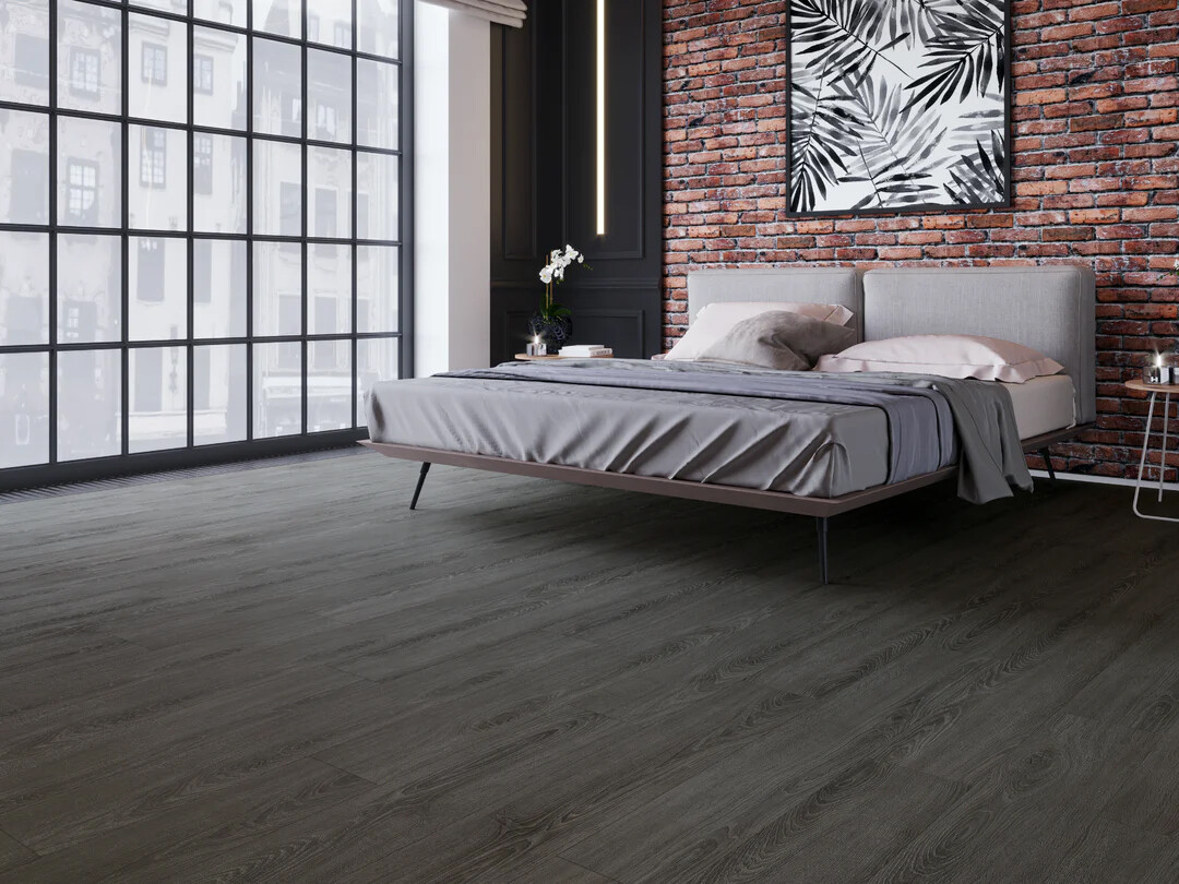 Hydrogen 5 Overcast Luxury Vinyl Plank SPC Flooring installed in a bedroom