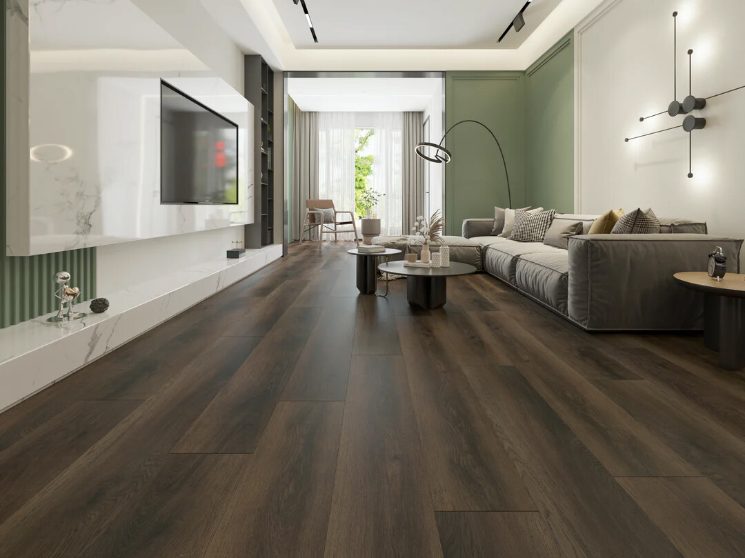 Hydrogen 7 Me Siento Luxury Vinyl Plank installed on a living room floor with a fireplace