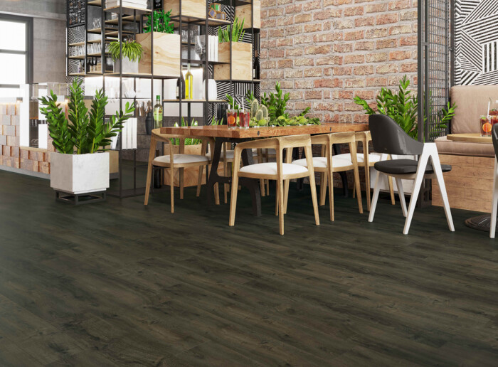 Hydrogen 5 Olive Luxury Vinyl Plank SPC Flooring installed in a dining room