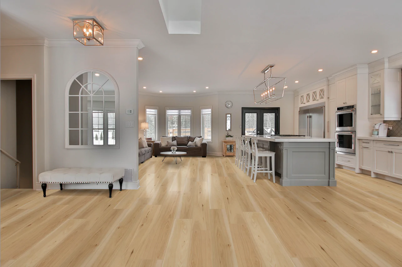 Hydrogen 7 Early Dawn Luxury Vinyl Plank installed in an open concept kitchen